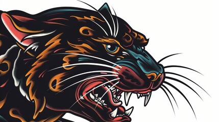 Close-up image of a traditional tattoo, showcasing a panther with bold black outlines and rich coloration, against a stark white background