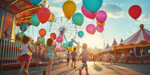 Excited children race towards the vibrant attractions of a carnival, evoking excitement and nostalgia