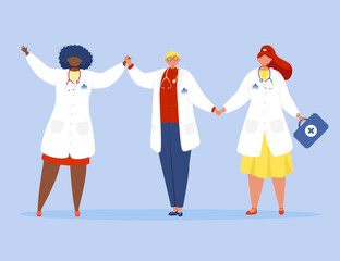 Three doctors in medical coats holding hands on a blue background