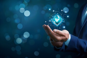 Businessman Holding Virtual Approval Hologram, Futuristic Technology in Corporate Security