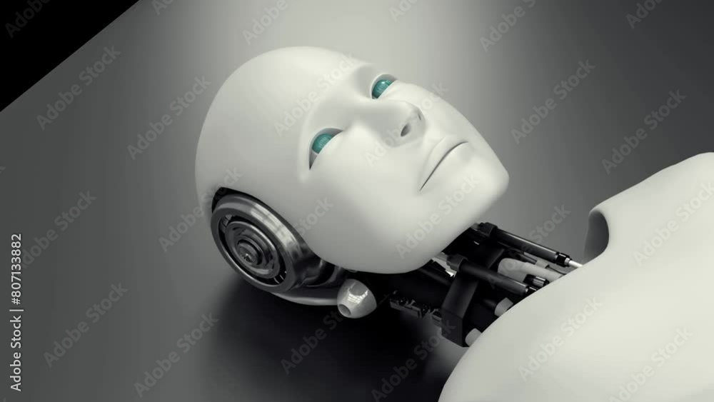 Poster mlp futuristic robot lying on bed , artificial intelligence cgi on black background. robotic man 3d 