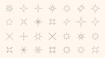 Set of line star shapes. Retro futuristic sparkle icons collection. Vector set of Y2K style. Magic symbols with shine effect. Modern abstract objects isolated on white background