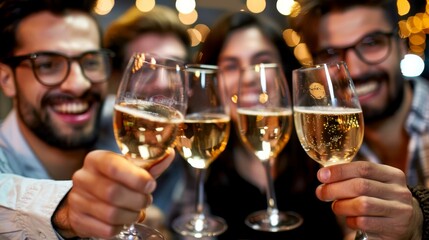   A group of people raise wine glasses towards another group, both holding glasses of wine