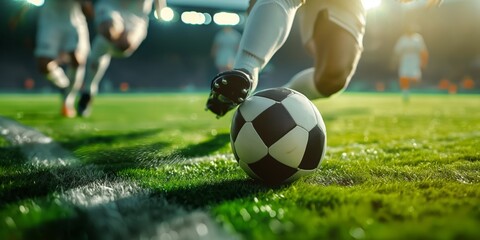 Intense moment with a soccer player about to kick a soccer ball during a game, highlighting the dynamics and energy of the sport