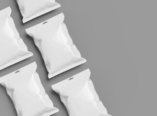 Realistic 3d rendered package for food snack, chips, cookies, peanuts, candy on a light background