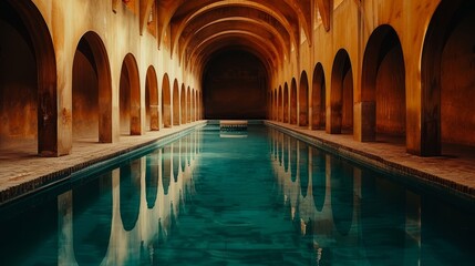   A large building houses a long pool with arches on both sides At the pool's end, there's a bench for seating