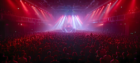 A music concert scene filled with a crowd watching a stage lit up with dazzling lights and visual effects