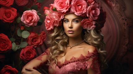 A captivating portrait of a woman with a rose wreath, in a vintage dress, exuding elegance and a timeless beauty against a moody backdrop