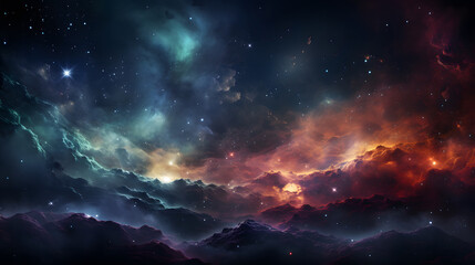 A breathtaking digital artwork of vibrant cosmic clouds and stars shining above a dark, rugged mountain landscape, evoking a sense of wonder and mystery