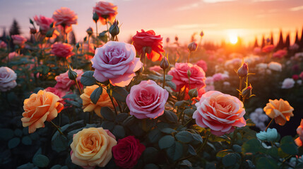 A magnificent array of roses basking in the warm glow of sunset, with hues ranging from deep red to gentle pink and sunny yellow