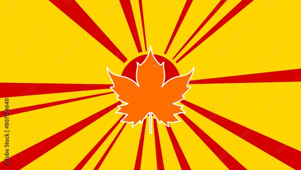 Poster maple leaf symbol on the background of animation from moving rays of the sun. large orange symbol in