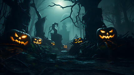 A haunting Halloween setting with sinister pumpkins amidst a foggy, eerie forest backdrop, invoking the spirit of the holiday