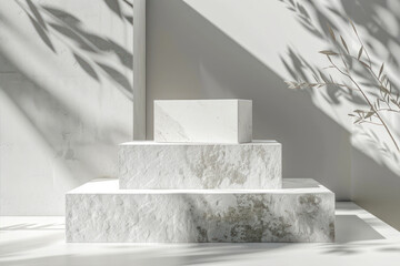 Minimal scene with white marble podium and shadow overlay