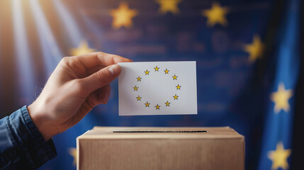 A person's hand is inserting a ballot with stars similar to the EU flag into a voting box, with EU flag backdrop The image conveys voting concept in the European Union context