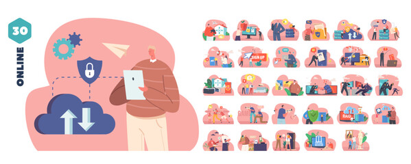 Isolated Vector Elements With Characters Depicting Various Aspects Of Online Interactions And Digital Infrastructure