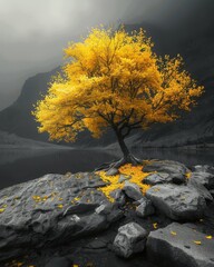 A single tree with leaves of shimmering gold in a monochrome landscape, professional color grading,soft shadowns