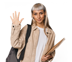 Caucasian young student with books smiling cheerful showing number five with fingers.