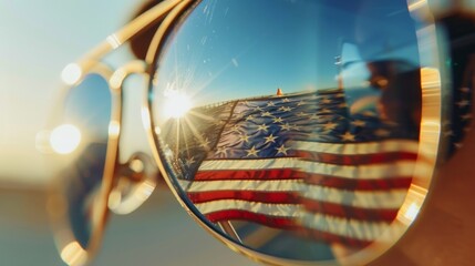 Captivating close-up of an American flag reflected in the sunglasses of a traveler, showcasing personal connection to the spirit of adventure and patriotism, isolated