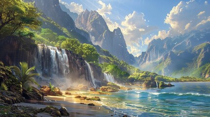 Fototapeta premium Craft an image of paradise where the landscape gleams with shiny elements