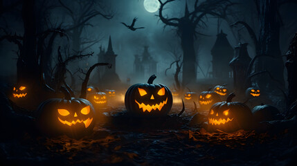 Halloween themed image featuring glowing jack-o'-lanterns with a creepy forest background and a castle under a full moon