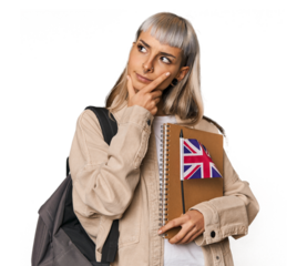 Young erasmus student with books looking sideways with doubtful and skeptical expression.