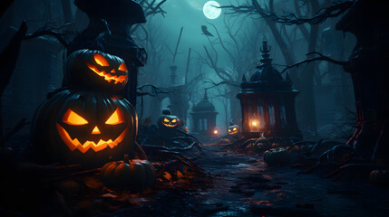 A haunting scene with carved pumpkins glowing under the moonlight in a foggy, spooky forest, evoking the spirit of Halloween and ghostly tales