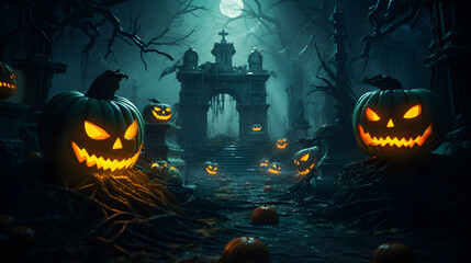 A dark, eerie scene with glowing jack-o'-lanterns lining a path through a haunted, foggy forest leading to an ominous Gothic gate Perfect for Halloween