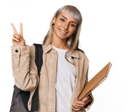 Caucasian young student with books showing number two with fingers.