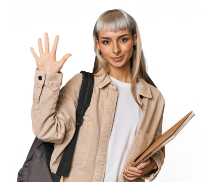 Caucasian young student with books smiling cheerful showing number five with fingers.