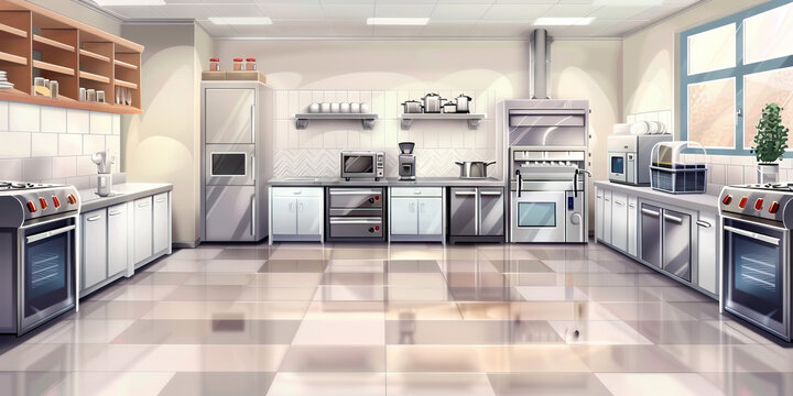 Menu Development Area Floor: Displaying a space where new menu items are developed and tested, with kitchen equipment for recipe testing and tasting