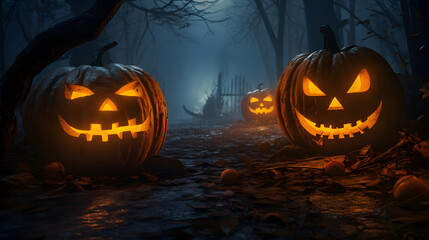 Two eerie jack-o'-lanterns with malevolent grins shine ominously amidst a foggy, desolate forest trail suggesting a haunted atmosphere waiting to spook the unwary