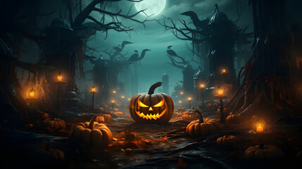 A chilling Halloween scene with a sinister carved pumpkin in the center, surrounded by eerie trees, crows, and candle-lit lanterns under a full moon