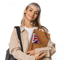 Young erasmus student with books laughing and having fun.