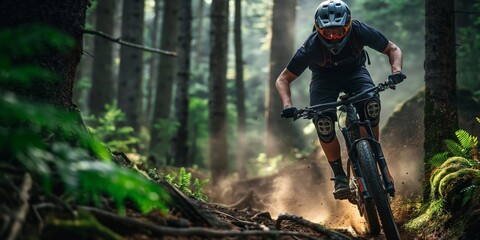 An intense mountain biking scene through a lush forest trail with the rider focused on the challenging, muddy path