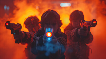 Three children are playing Laser Tag with futuristic guns with glowing elements in a dimly lit, neon-lit setting with a prominent red and orange background