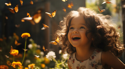 A young girl is seen joyfully smiling surrounded by flying butterflies with sunlight filtering through