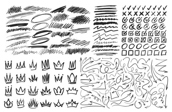 Comprehensive Set Of Vector Doodles, Featuring Scribbles, Brush Strokes, Check Marks, Arrows, And Variety Of Crowns