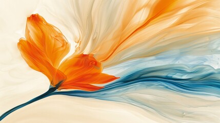 A painting of a flower with orange petals and blue and white swirls. The painting has a dreamy, ethereal quality to it