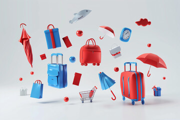 3D Illustration of Red and Blue Shopping Elements