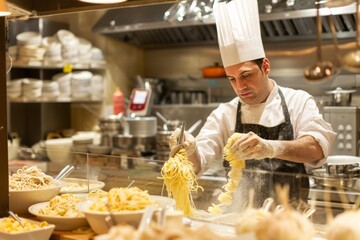 Chef cooking dishes with tableware in restaurant kitchen