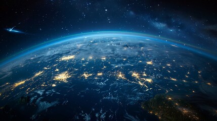 Aerial view of Planet Earth at night, showcasing the glowing lights of cities spread across the continents, set against the dark expanse of the oceans