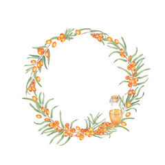 Sea buckthorn branch with orange berries. Branch with Fresh ripe berries and leaves. Hand drawn watercolor illustration isolated on white background. 