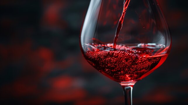 Close-up of elegant red wine pouring into crystal wine glass, selective focus on wine filling glass