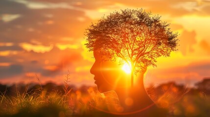   A person's silhouette featuring a tree atop their head, framed against a sunset backdrop with the sun setting behind