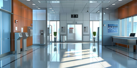 Employee Entrance and Exit Floor: Displaying the entrance and exit points for employees, with time clock stations and employee bulletin boards