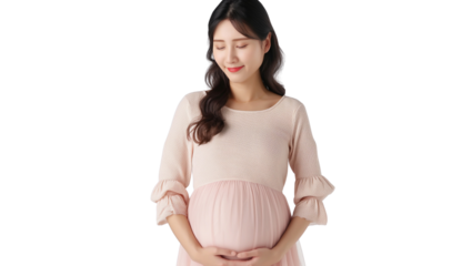Pregnant Asian Woman holding belly isolated on white transparent isolated background, Happy pregnant woman expecting baby 
