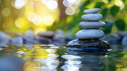 Serene Zen stones balanced in tranquil water with bokeh light for peaceful meditation and relaxation