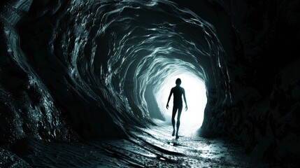 A man is walking through a dark tunnel