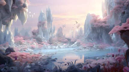 Fantasy landscape with a frozen lake and mountains. 3d rendering