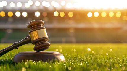a wooden judge's gavel placed on its striking block on a lush green grass field with stadium lights